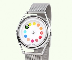 The Cyclops watch from Mr. Jones has no hands. Instead, a circular marker travels over colored spots on the watch face.