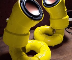 Audio speakers handmade from PVC pipes.