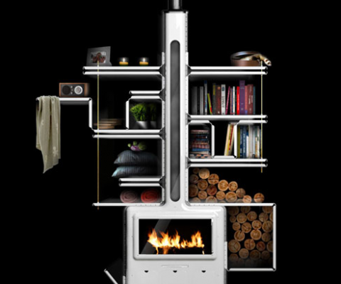 This unique and functional stove, by Arthur Senant, looks absolutely amazing with all the shelves filled up.  